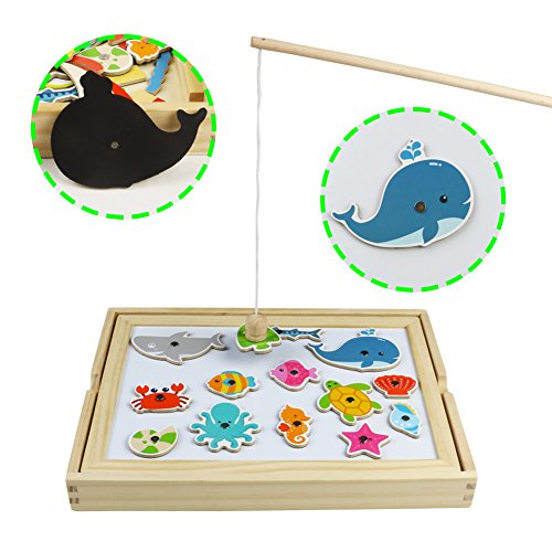 Magnetic Wooden Jigsaw Puzzles, 3 in 1 Beach Dress Up, Magnetic Fishing Game, Drawing Writing Board for Children 3 4 5 6 Years Old