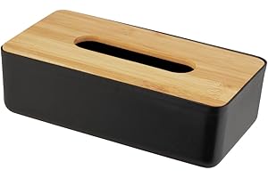 WENKO Caja para toallitas cosméticas Rotello, para toallitas o pañuelos, plástico con tapa de bambú, fácil de quitar, para guardar cajas de papel comerciales, 24 x 7,5 x 12,7 cm, negra/natural