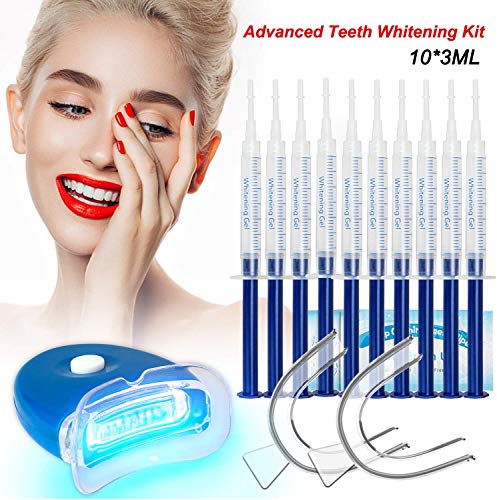Kit Blanchiment Dents Gel Blanchiment Dentaire -Professionnel Système de Blanchiment Dentaire-10x3ML GEL de Blanchiment, Lampe 1xLED, 2 Plateau Oral,1xCarte de Couleur, 5xEssuie-dents Supplémentaires