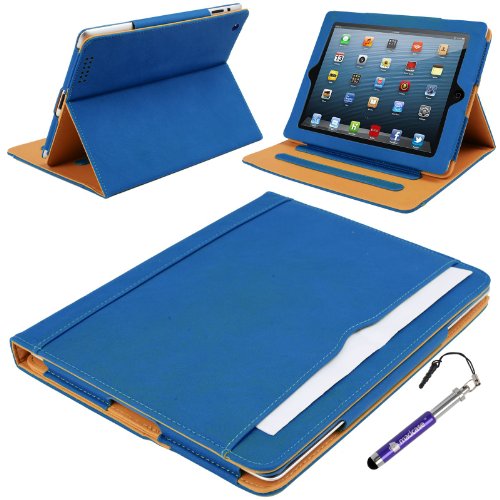 Madcase Apple iPad 4 / 3 / 2 Smart Case Etui Faux Ledertasche Hülle mit Auto Schalf und Wach Sleep-Funktion inkl. Displayschutzfolie und Stylus Touch stift - Blau / Beige