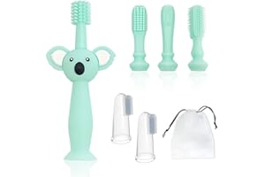 CQQNIU 1 szt. cyjanowa silikonowa szczoteczka do zębów dla niemowląt z 4 głowicami szczotek, silikonowa szczoteczka do masażu dziąseł spożywczych do czyszczenia zębów i 2 szt. przezroczysta szczoteczka do