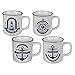Produktbild Maritim Kaffeetassen weiß mit nostalgischem Leuchtturm-, Anker-, Kompass-Motiv im 4er-Set, Maße: Ø 7,5 cm, Höhe 8,5 cm; Material: Porzellan, spülmaschinenfest, mikrowellengeeignet. Vintage-Design