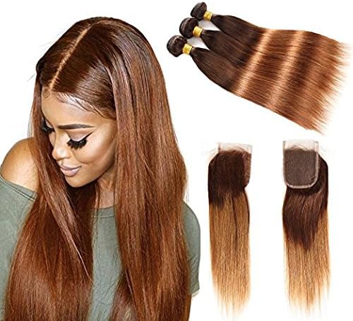 Ombre Virgin Hair Straight With Lace Closure, Remy Human Hair 2 Tone, Ombre Hair Extensions Weave Weft, #T4/30 Human Hair Bundles 8A Grade (14 14 16+12)