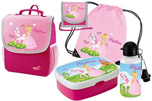 Mein zwergenland Set 6 Backpack Lunch Box Gymnastics Bag Drinking Bottle Neck Pouch Happy Knirps with name - Princess, SET 6 Rucksack, Dose, Beutel, Flasche, Brustbeutel