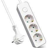 EXTRASTAR Power Strip Socket with 3 Outlets, Extension Plug with Switch, 1.5 m, for Home, Office and Travel, 3680W, White, 1p