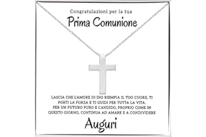 BRAMART Collana a Croce Argento Sterling 925 Prima Comunione Placcatura in Oro, Bambino Regalo per lui Ragazzo compleanno natale - Cofanetto con DEDICA incluso