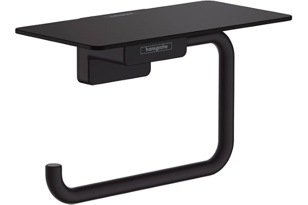 hansgrohe AddStoris - Porte-papier toilette avec tablette, Porte-papier toilette pour montage mural, Support de rouleau de papier toilette, Accessoires de salle de bains, Noir mat, 41772670