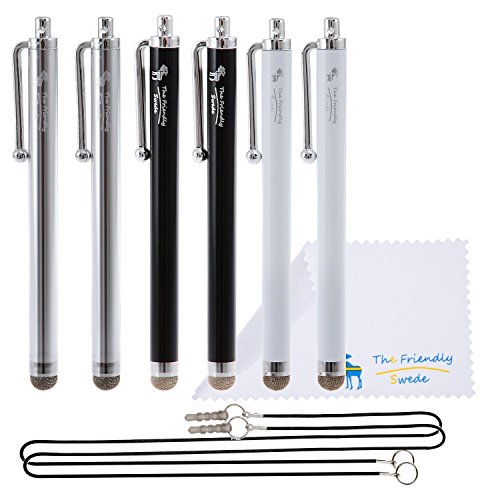 The Friendly Swede 6 Stück Hybrid Touchscreen-Eingabestift Stylus mit Mikrofaserspitze [11,5 cm] + 6 x 38 cm lange Schnüre + 1 x Reinigungstuch (Schwarz Silber Weiß)