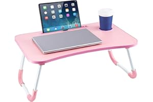 CROWNSHOP Laptop Table, 60 X 40 X 28cm Bed Table, Bed Desk Stand With Foldable Legs & Cup Slot Notebook Stand Computer Laptop Bed Table Laptops Tray For Sofa Bed, Pink (Pink)