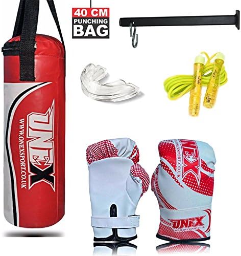 Heavy Boxing 40cm Kids Punch Bag Filled Set Junior Kick Boxing Heavy MMA Training Youth Gloves Punching Mitts Hanging Chain Ceiling Hook Muay Thai Martial Arts in Various colors (40 cm Kids Punch bag Red set)