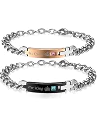 JewelryWe 2pcs Pulseras Plateadas de Parejas Enamorados His Queen Her King Pulseras Negra Oro Rosa Hombre Mujer Acero Inoxidable, Regalo de San Valentín/ Navidad