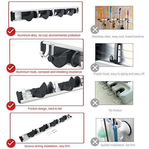 Firlar Wandbefestigung Schrubber Und Besen Inhaber Aluminium Legierung Veranstalter Garage Speicherlösungen Mit 4 Platz 5 Haken Reduziert - 4