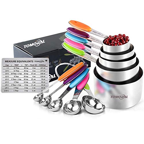 TOMORAL Juego de 13 Tazas y cucharas medidoras Acero Inoxidable 304, 5 Tazas medidoras y 5 cucharas medidoras con 2 Anillos en O y Tabla de conversión de medición magnética (304 Stainless Steel)