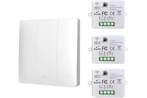 FUCHSWERK Set di pulsanti radio, interruttore da parete, interruttore della luce con ricevitore, portata 30 m, senza fili, senza batteria cinetica, 3 canali/1-3 tasti