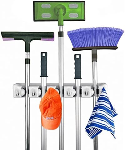 VANELIFE Multifunction Mop Broom Holder, Wall Mounted Tool Rack Utility Storage & Organization for Home, Closet, Garage and Shed Grey 5 Position with 6 Hooks Hook Up to 11
