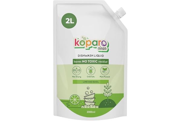 Koparo Organic Dishwash Liquid 2 Litres Refill Pack Powerful Grease Cutting Dishwasher Liquid Thick Foam Liquid Dishwash for Kitchen Utensils Baby & Pet Safe Lime & Basil Fragrance