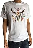  Camiseta de Hombre Cráneo de Vaca Plumas Americanas Impresión de Esqueleto Azteca Indio Rojo TS1233