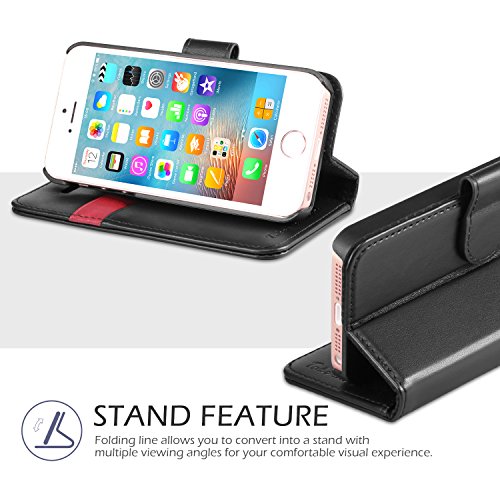 iPhone 5S Case, iPhone 5S Wallet Case, TUCCH [Lifetime Warranty] Magnetized Closure Card Slots Money Pouch, Retro Leather Wallet Case Purse Protective Cover Stand Feature Flip Book Case for iPhone 5s / 5 / SE - Black / Red