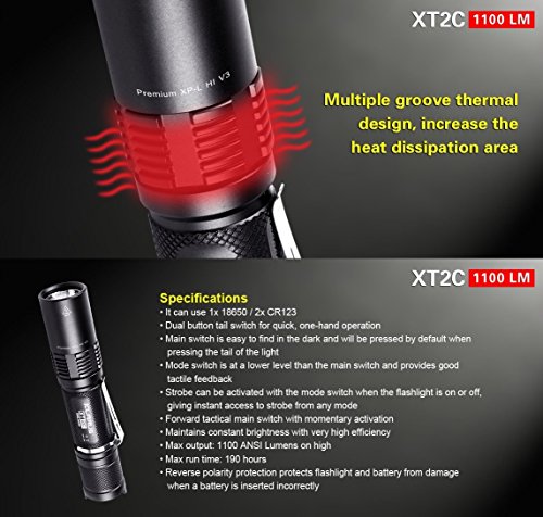 Bundle: KLARUS XT2 C Cree xp-l Hi V3 LED 1100 Lumen Taschenlampe mit 18650 2600 mAh wiederaufladbarer Li-Ion-Akku + thenines USB-Light - 6