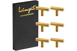 heimzeit Pomelli Armadio per Porte, Cassetti e Comodini in Acciaio Inox di Alta Qualità [6 Pezzi, a forma di T] Colore: Oro, Design Elegante, Pomelli per Mobili con impugnatura a un foro e viti