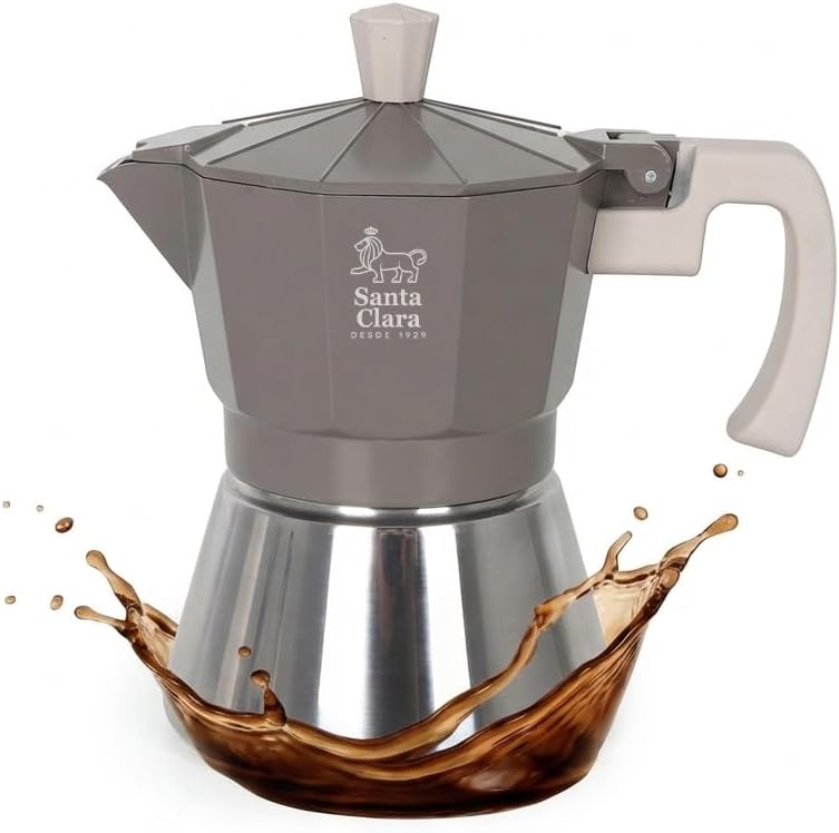 INDE SANTA CLARA | Cafetera Italiana Moka Nordkitch 6 Tazas 300 ml, Cuerpo de Aluminio y Base de Acero Inoxidable, Apta para Inducción y Todo Tipo de Fuegos, Asa Soft Touch