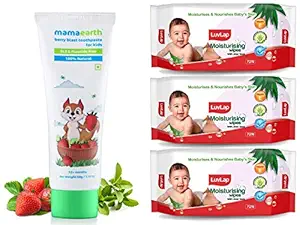 Mamaearth 100% Natural Berry Blast Kids Toothpaste 50 Gm, Fluoride Free, SLS Free, No Artificial Fla and LuvLap Moisturising Wipes with Aloe Vera (72 Wipes/Pack, Pack of 3)