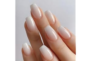 MouyouGlow Press on Nails krótkie, baleriny Nude, naturalny gradient, białe sztuczne paznokcie z klejem do paznokci, baby boomer, białe ombre sztuczne paznokcie