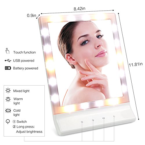 Dimmbar Makeup Spiegel, HonestEast verschiedene Beleuchtungseinstellungen Kosmetikspiegel mit 3 Farbtemperaturen große Anzeige Schönheitsspiegel mit 18 LED´s Samart Touch Wandhalter Makeup Spiegel - 2