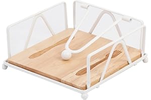 Altsuceser Servilletero plano de acero inoxidable con base de madera y brazo de tensión pesado para mesas, dispensador de papel de seda rústico para encimera, cocina, comedor, color blanco