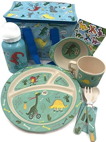 A Unique 6 Piece Dinner Travel Set By Sass &amp; Belle The Dino Skate Park Collection, Plate, Bowel, Cup, Water Bottle, Lunch Bag, Knife &amp; Fork. BPA FREE. Dishwasher Safe. Boy, Girl, Unisex, Gender Neutral. Great Gift Idea. Comes In Recyclable Gift Box &amp; Gift Wrap Tissue. Supplied By The Sweetest Peas.