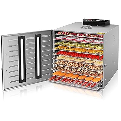 GCSJ Tout acier Inoxydable 10 Plateaux Déshydrateur Alimentaire, avec Thermostat Réglable 30°C-90°C et Minuteur de 24h, Arrêt Automatique, Déshydrateur Électrique Pour Fruits, Légumes et Viandes