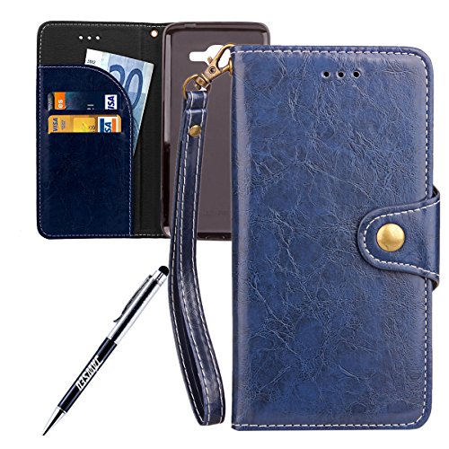 Galaxy J2 Prime Case, Galaxy J2 Prime Cover, JAWSEU [Shock-Absorption] Luxury Solid Retro Premium PU Leather Flip Cover for Samsung Galaxy J2 Prime Protector Skin with Soft Silicone Case Credit ID Card Slots Magnetic Closure Kickstand Strap Phone Pouch Smartphone Shell Protective Wallet Case for Samsung Galaxy J2 Prime G532 G532F SM-G532F + Stylus Pen - Blue