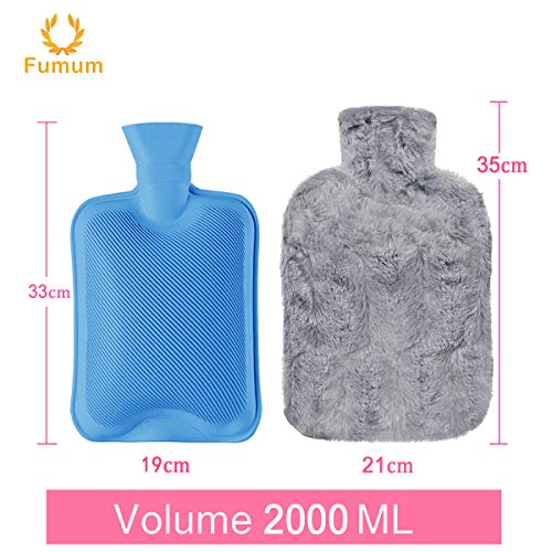 FUMUM Premium Wärmflasche mit Bezug, Weich Wärmflasche Klassik 2L mit Plüsch-Bezug, kein Geruch und Frei von Schadstoffen Grau Wärmflasche für Erwachsene Eltern Kinder