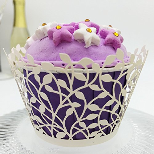 Cupcake Wrappers White Shimmering Decorative Vine Lace Liner for Weddings Party Birthday or any Special Event (Cream White) - 3