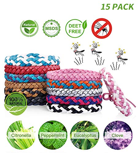 DREAMWIN Pulsera Mosquitos, 15pcs Pulseras Antimosquitos, Pulsera Repelente de Mosquitos, Actividades al Aire Libre y Bandas para Hacer Deportes, Materias Naturales, Ajustables para Adultos y Niños