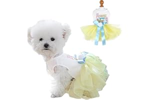 Anelekor Tenue de Pâques pour chien avec motifs de lapin brodés et pompon mignon - Robe de vacances pour chiot et chat avec nœud - Vêtements pour animaux de compagnie - Jaune, bleu, blanc (jaune, L)