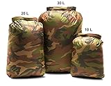 VERSÁTILES - La parte superior de cada bolsa integra dos anillas en D para ofrecer diversas opciones de enganche y sujeción. Según el tamaño que necesites, puedes usar cualquiera de las bolsas de forma individual, o utilizar el juego completo y disfrutar así de un excelente sistema de almacenamiento en bolsas estancas con estilo de camuflaje.