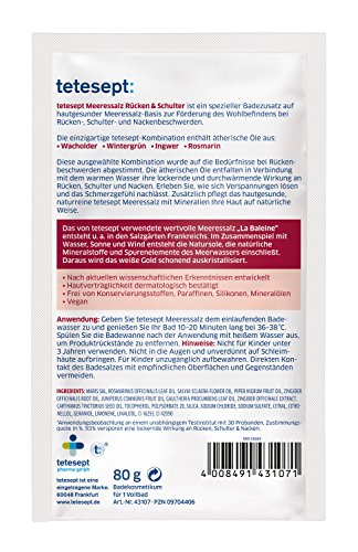 tetesept Meeressalz Badezusatz Rücken & Schulter – Badesalz mit ätherischen Ölen bei Schulter-, Nacken- und Rückenbeschwerden - lockernd, muskelentspannend – 10er Pack à 80 g