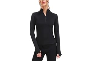 Terecey T-Shirts de Sport Femme à Manches Longues Tee Shirt de Course à Pied 1/4 Zip T Shirt de Compression Thermique Séchage Rapide avec Trous pour Les Pouces Respirant