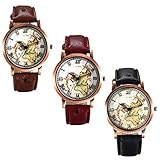 lancardo Armbanduhr Herren Damen mit PU Armband Zifferblatt Römische Ziffern Weltkarte wasserdicht, Braun Rot Schwarz (3 Stück)