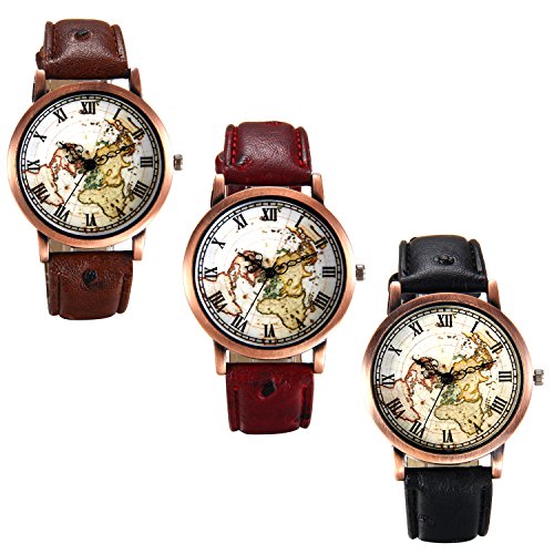 Lancardo Herren Damen Armbanduhr, Klassische Casual Analog Quarz Weltkarte Zifferblatt Uhr mit Retro rotes Bronzes Gehäuse, Leder Armband, Lieben, braun rot schwarz