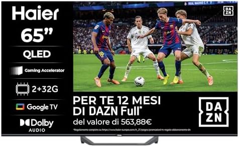 Haier Smart TV 65" QLED 4K Ultra HD S81 Series, Google TV, Dolby Audio, Gaming 120Hz DLG, HDMI 2.1, Chromecast Integrato, Bluetooth 5.1, Design Senza Bordi, Telecomando Vocale, 12 Mesi DAZN inclusi
