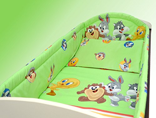 Baby bedding set allround bumper pillow case duvet cover 6 PIECES SET 120x60 140x70 (To fit cot 140x70, Disney Green)