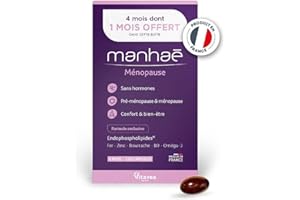 Vitavea Manhaé-Complément Alimentaire Ménopause Pré-Ménopause Sans Hormones-Confort & bien-être -Acide Folique, Omega 3, Zinc, Fer-120 gélules - Cure de 4 mois-Fabriqué en France