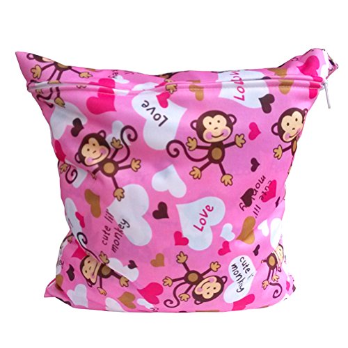 UEETEK Zipper Reusable Waterproof Zippered Baby Cloth Diaper Bag Wet Dry Bag Tote with Soft Snap Handle (Monkey Pattern)