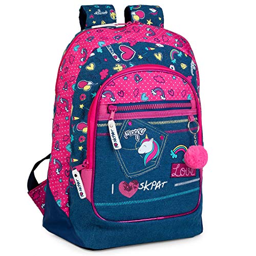 SKPAT - Mochila Escolar Infantil de Niña Acolchada de Lona Vaquera Denim Estampada. para Colegio o Viaje. Llavero Pompón. Garantía y Calidad. Práctica y Cómoda. 130802, Color Fucsia