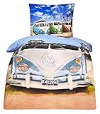 LINON WENDE BETTWÄSCHE VW BULLI 135 cm x 200 cm + 80 cm x 80 cm NEU & OVP – 100% BAUMWOLLE VOLKSWAGEN VW BUS EXKLUSIV - 4