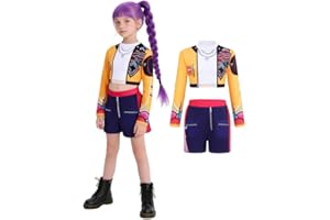 Runstarshow Kpop Hunters Costume Kids Girls Halloween Demon Costumes Teen Girl Stage Outfit 3PCS Pop Singer Coat,Shorts & T-Shirt Christmas Carnival Dress Up Age 2-14 Years
