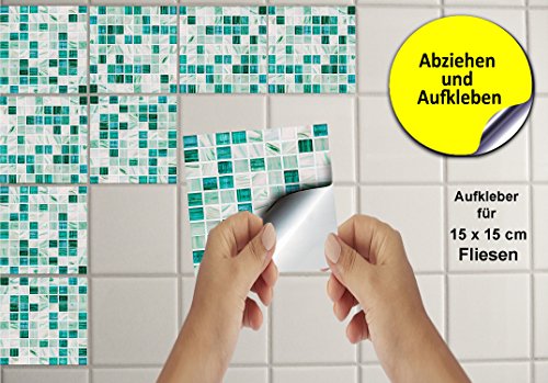 Tile Style Decals | Modell (30xTP 12 – 6in- Aqua Marble) | Mosaik Wandfliese Aufkleber für 15x15cm Fliesen | Fliesen-Aufkleber Folie | Deko-Fliesenfolie für Küche u. Bad (15cm – 30 stück, Blauer Marmor) - 3