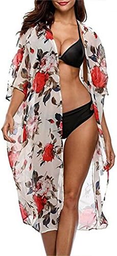 Beach Cover Up,Beige Floral Printed Women Swimwear Beachwear Swimsuit Beach Dress,Loose Bohemian Chiffon Kimono Cardigan Bikini Covers Up,Beige